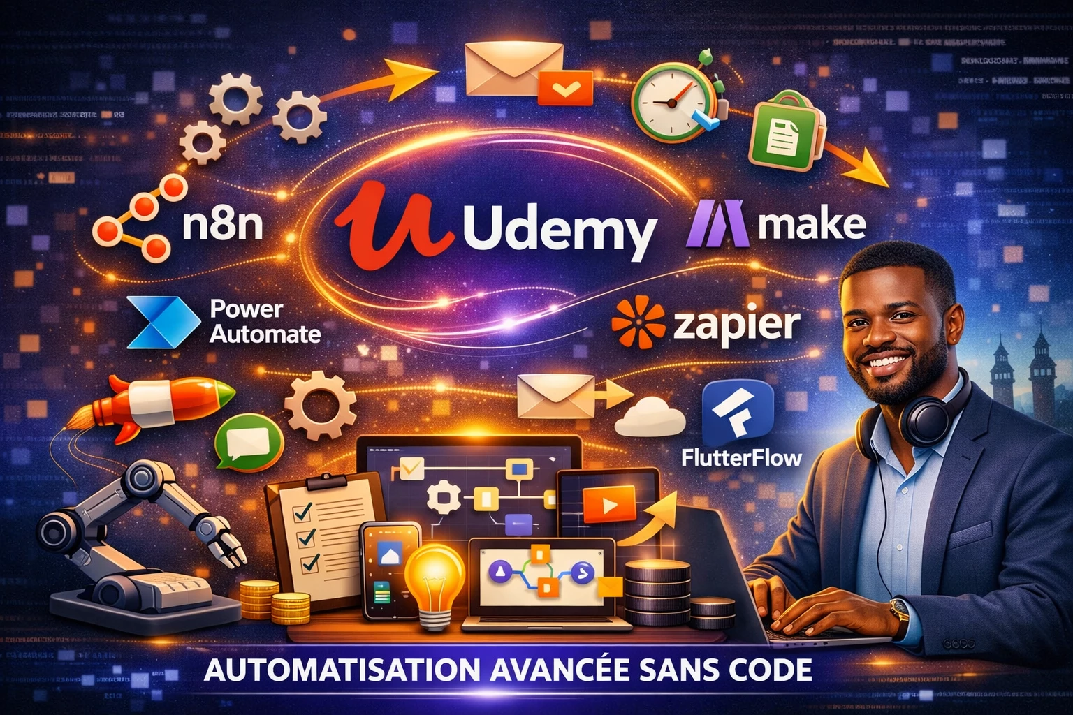 Formations Udemy automatisation avancée sans code n8n Power Automate Make Zapier FlutterFlow